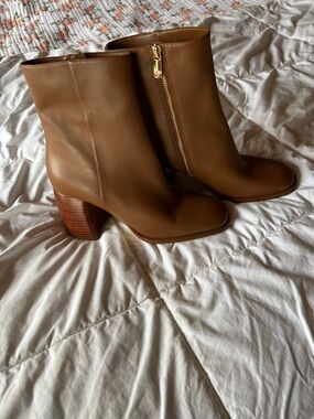 Michael Kors Cognac Leather Block Heel Ankle Boots with Gold Zip